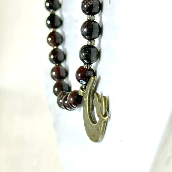 Deep Wine Red Garnet Short Necklace, Genuine Gemstone & Bronze Cat on the Moon - Picture 6 of 15